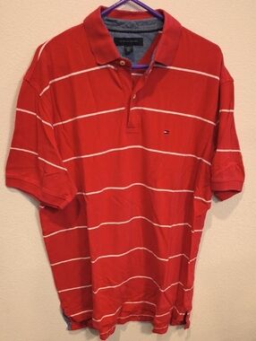Tommy Hilfiger Red Polo with White Horizontal Stripes Men's XL